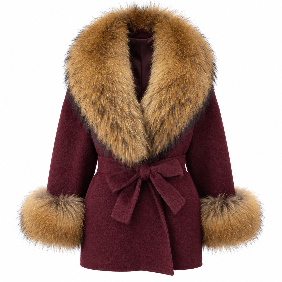 LIVMAÉ Privé — Sienna Fur Trim Coat – Rot – Produktbild