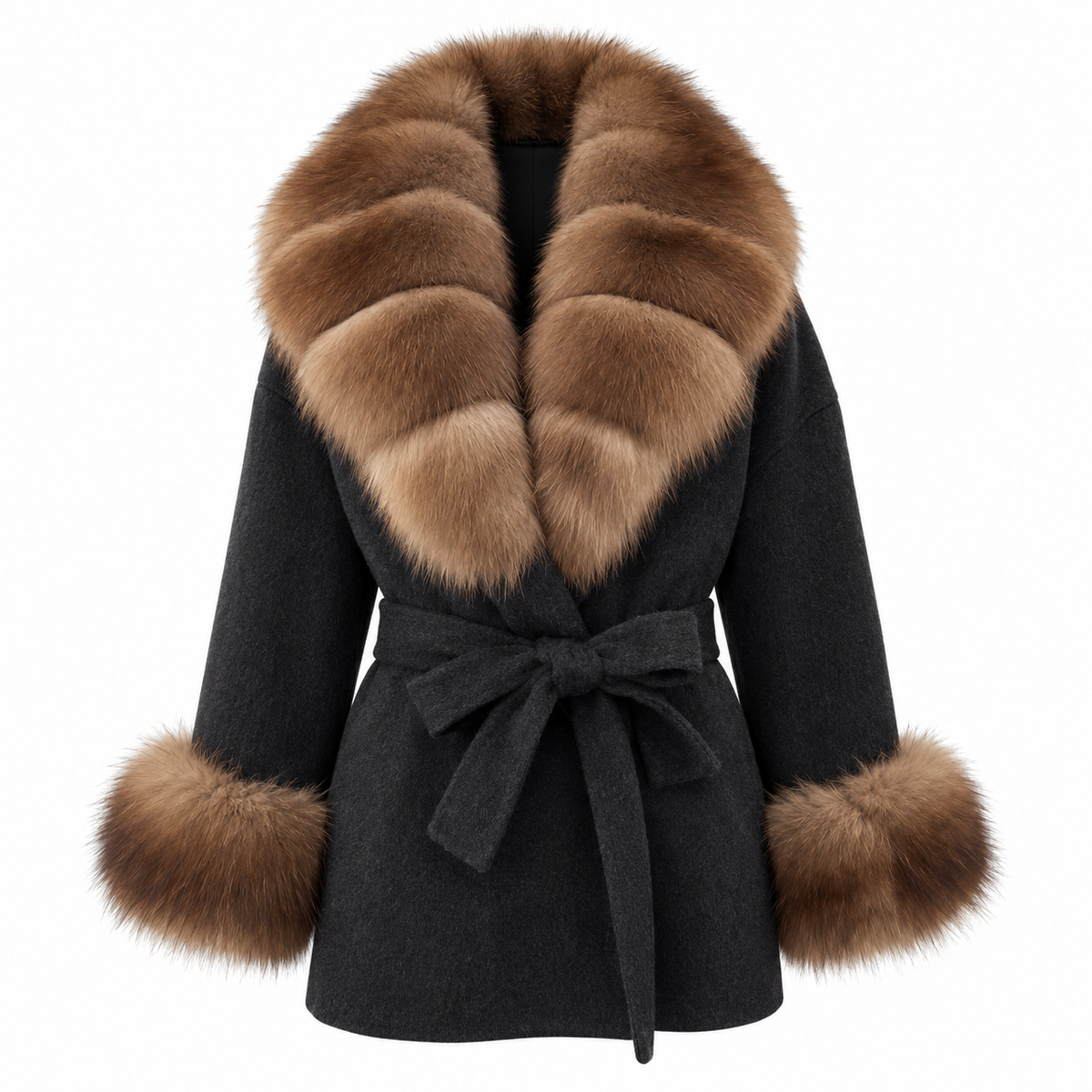 LIVMAÉ Privé — Mochaine Fur Trim Coat – Black – product photo