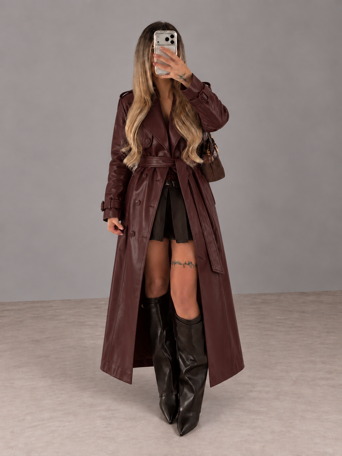 Élara Leather-Look Coat – Wine red – LIVMAE model photo