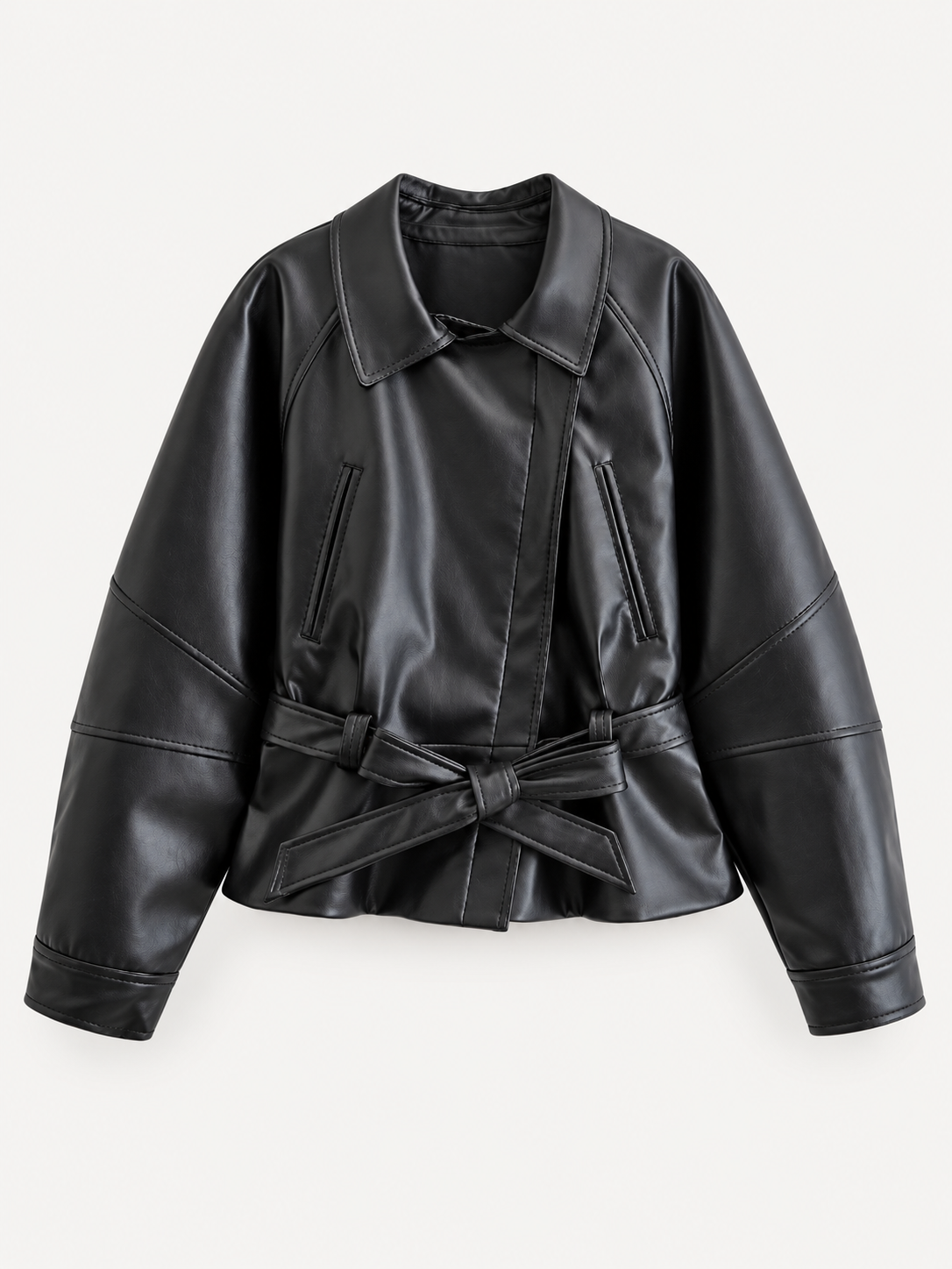 Belted Leather-Look Jacket in black, product view