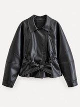 Belted Leather-Look Jacket in black, product view